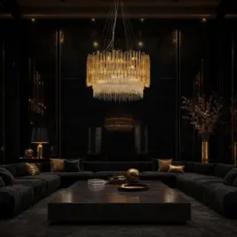 A modern living room with a beige corner sofa, low coffee table, marble floors, and floor-to-ceiling windows overlooking a sunset city skyline is illuminated by the Contemporary Bamboo Glass and Soft Gold Chandelier.