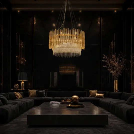 A modern living room with a beige corner sofa, low coffee table, marble floors, and floor-to-ceiling windows overlooking a sunset city skyline is illuminated by the Contemporary Bamboo Glass and Soft Gold Chandelier.