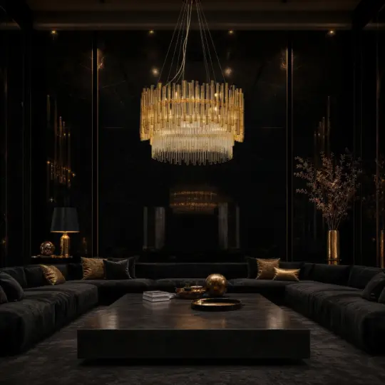 A modern living room with a beige corner sofa, low coffee table, marble floors, and floor-to-ceiling windows overlooking a sunset city skyline is illuminated by the Contemporary Bamboo Glass and Soft Gold Chandelier.