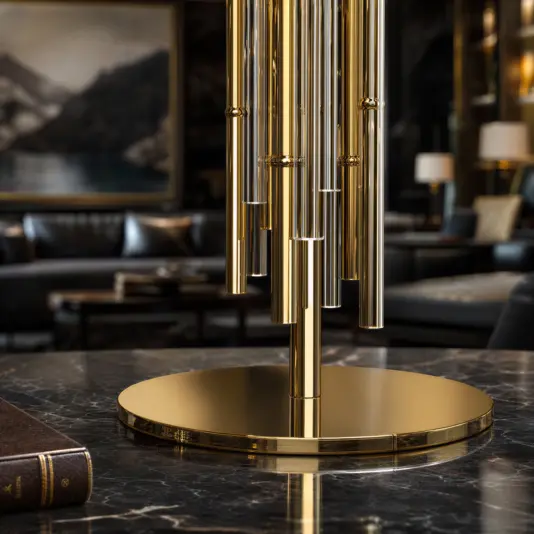 A modern gold table lamp with cylindrical rods stands on a marble surface in a sophisticated room with dark leather furniture, a painting, and ambient lighting in the background.