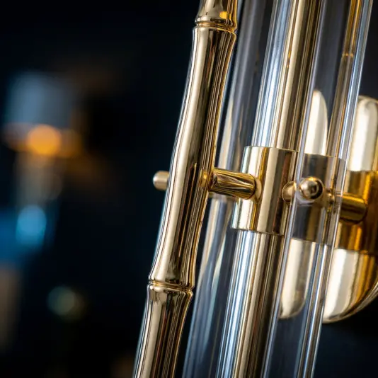 Close-up of a modern wall sconce featuring gold and clear glass rods with a blurred dark background. The fitting has a polished, elegant appearance with metallic and reflective surfaces.