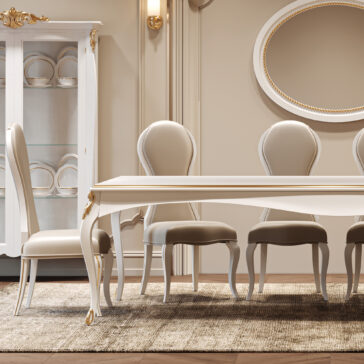 Large White Classic Style Dining Set Elegant dining room with a Large White Classic Style Dining Set, four beige-upholstered high-backed chairs, a glass cabinet for crockery, an oval mirror, and gold-accented decor in a neutral palette.