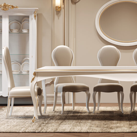 Large White Classic Style Dining Set Elegant dining room with a Large White Classic Style Dining Set, four beige-upholstered high-backed chairs, a glass cabinet for crockery, an oval mirror, and gold-accented decor in a neutral palette.
