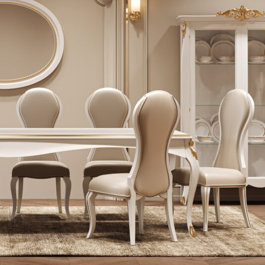 Large White Classic Style Dining Set Elegant dining room featuring the Large White Classic Style Dining Set—includes four beige and white chairs around a white table, complemented by a glass-fronted china cabinet, an oval wall mirror, and a beige rug.