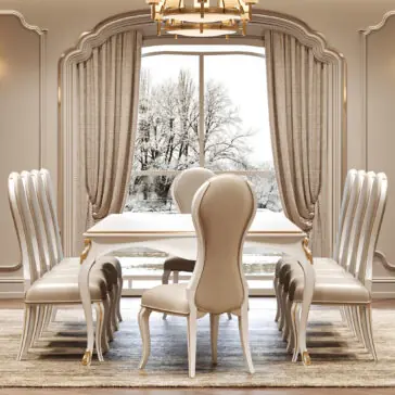 Large White Classic Style Dining Set Elegant dining room showcasing the Large White Classic Style Dining Set with eight cream chairs, set before a snowy landscape seen through wide windows with beige curtains, all illuminated by a chandelier above.