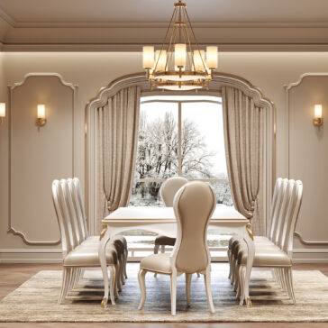 Large White Classic Style Dining Set An elegant dining room showcases the Large White Classic Style Dining Set with eight high-backed cream chairs on a neutral rug, a gold chandelier above, and large curtained windows revealing snowy trees outside.