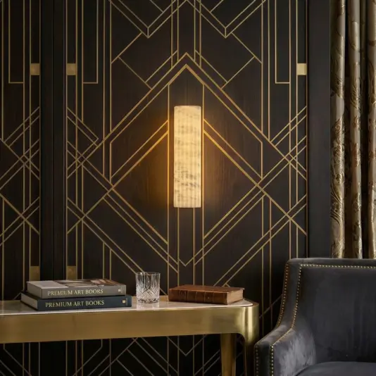 Luxury Fluted Wall Light An elegant room features geometric gold and black wall art, the Luxury Fluted Wall Light glowing above a gold table with books and a glass of water, beside a brown armchair with studded trim.