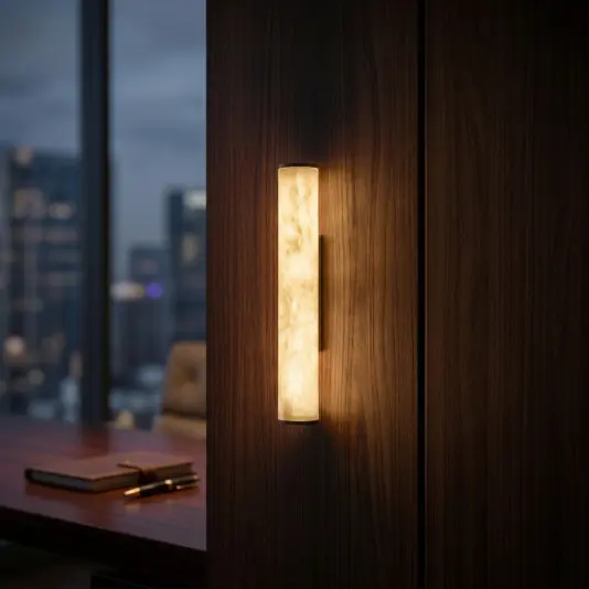 Marbled Tube Wall Light A modern, minimalist black console table with gold accents holds a black vase and a stack of books with a gold bowl on top. Above, a wood-textured wall sconce emits warm light against a dark wall.