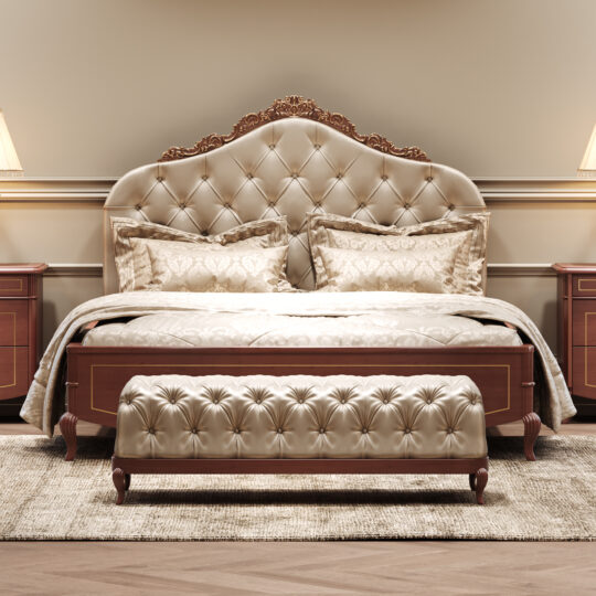 Luxurious bedroom featuring the Ornate Cherrywood Button Upholstered Bed with tufted headboard, matching bench, plush bedding, two wooden bedside tables, and soft lighting from elegant lamps.