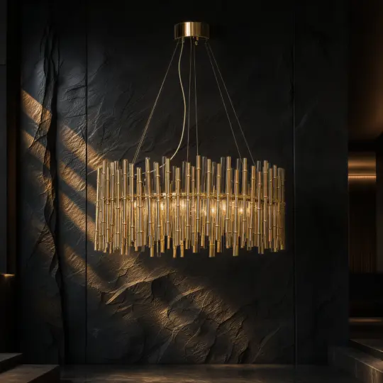 A modern gold chandelier with vertical metal rods hangs in a dark, textured room, illuminated by soft light that highlights the dramatic wall surface behind it.