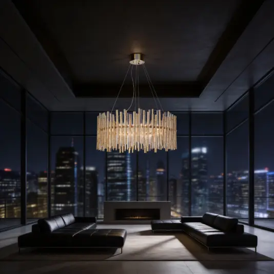 A modern, dark living room with floor-to-ceiling windows showing a city skyline at night. Black leather sofas surround a central fireplace, and a large, elegant chandelier hangs from the ceiling.