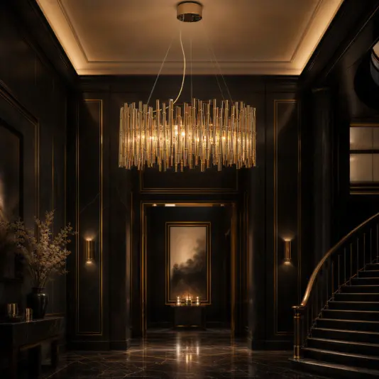 A luxurious, dimly lit corridor features dark walls, a large, modern gold chandelier, a winding staircase with gold accents, framed art, and a vase with foliage on a table. Candles glow in the background.