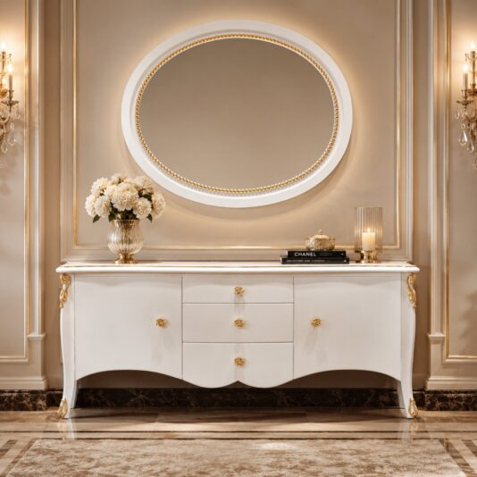 A white and gold ornate console table with flowers, books, and decor stands against a beige wall, beneath an oval mirror and between two wall sconces in an elegant, classic interior.