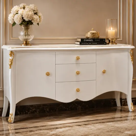 Large classic white sideboard with gold detailing in an elegant interior