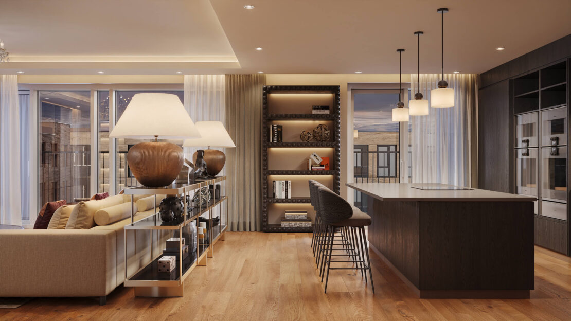 Modern open-plan living room and kitchen featuring luxury rental interior design, wooden floors, a dark kitchen island with bar stools, pendant lights, a sofa, decorative shelving, large windows, and warm ambient lighting.