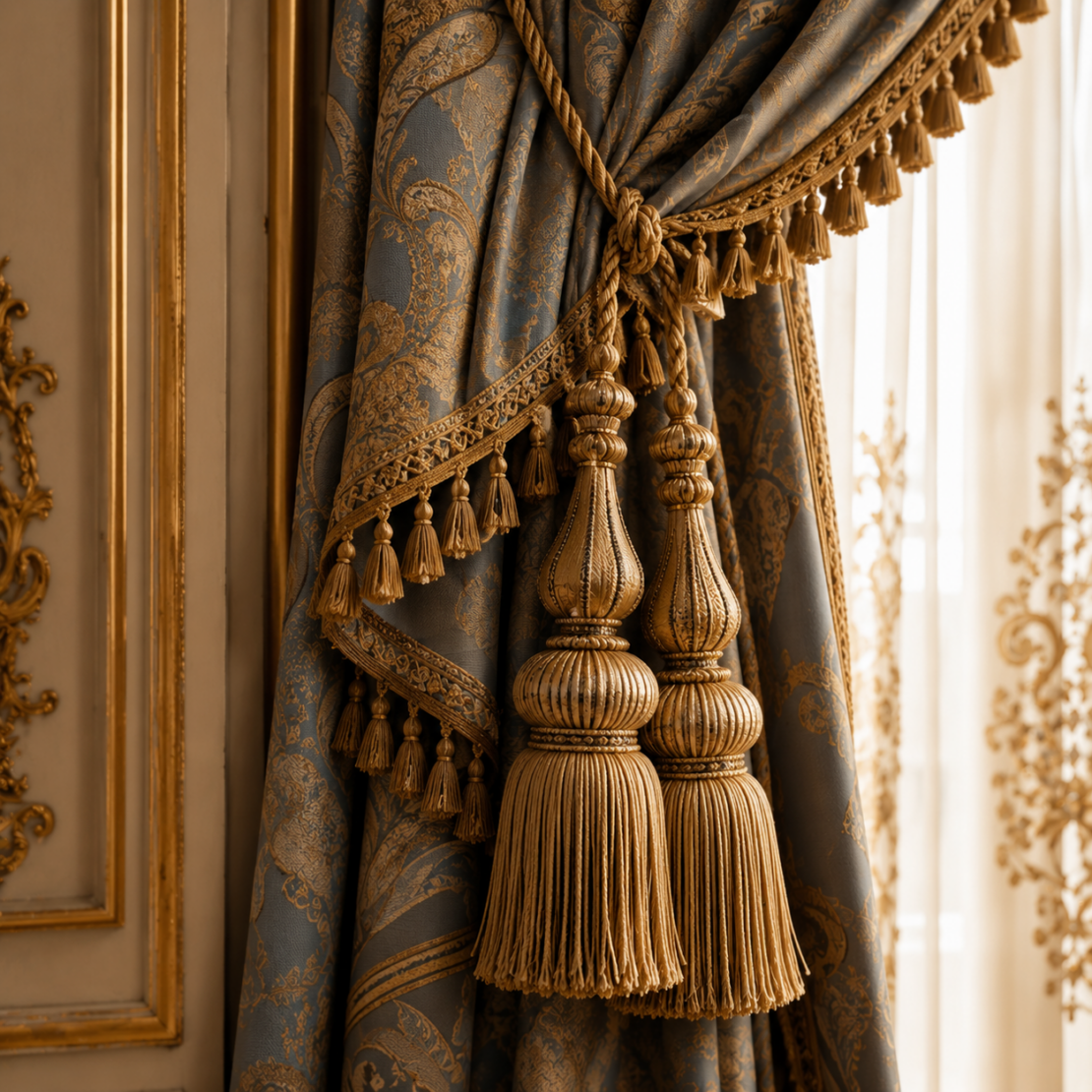 Elegant blue and gold brocade palace curtain with ornate gold tassels, tied back beside a window. The grand window treatment features intricate patterns and trim, with light streaming through a sheer, embroidered net curtain in the background.