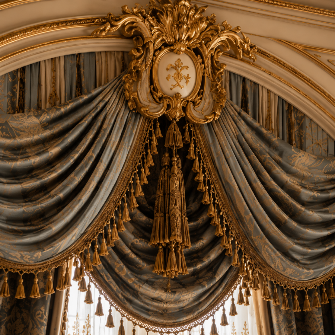 Elegant, ornate palace curtains in luxurious blue fabric, with gold tassels and elaborate detailing, frame a window. A decorative medallion with gold floral accents and large tassels hangs at the centre as part of grand window treatments.