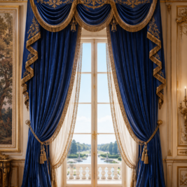 Elegant blue velvet palace curtains with gold trim and tassels frame tall French windows, revealing manicured gardens and a fountain outside. The ornate room features gilded mouldings and classical wall art.