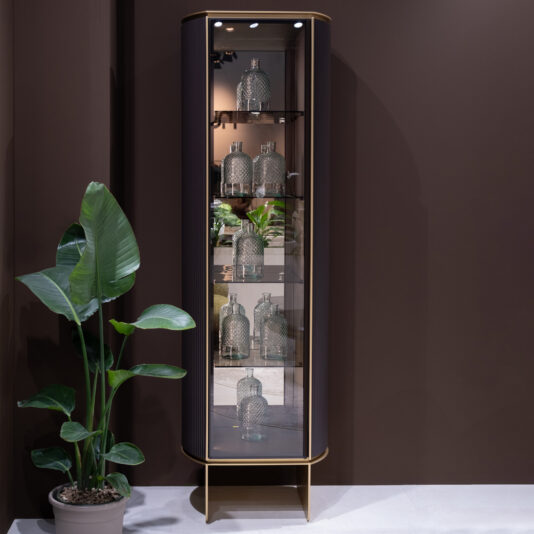 A Contemporary Lacquered Narrow Display Cabinet filled with patterned glass bottles stands against a brown wall, with a green potted plant to its left on a light-coloured floor.