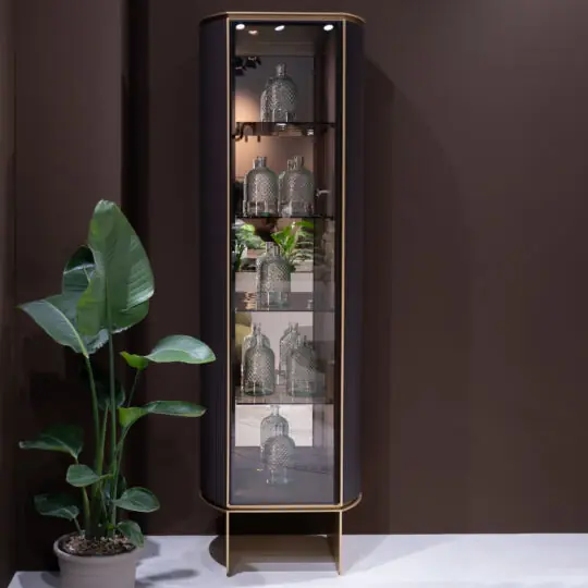 A Contemporary Lacquered Narrow Display Cabinet filled with patterned glass bottles stands against a brown wall, with a green potted plant to its left on a light-coloured floor.