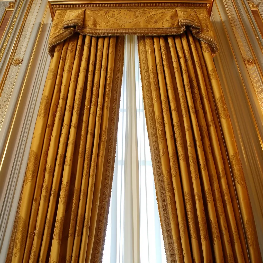 Ornate gold curtains with an elaborate pelmet drape over a tall window, set in an elegantly decorated room with intricate gold and white wall detailing. Light filters softly through the window behind the curtains.