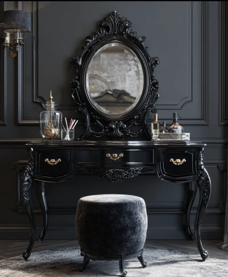 Ornate black dressing table with gold accents, an oval mirror, and decorative items, including bottles and a jar. A plush grey stool sits in front, all set against a dark panelled wall—an exquisite example of AI furniture design elegance.