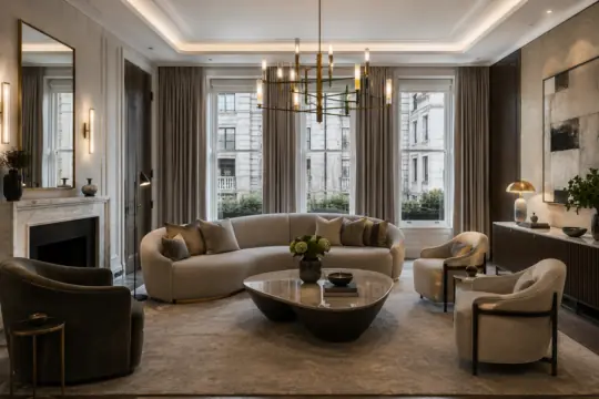Elegant living room with a curved beige sofa, high-end furniture including three armchairs and a modern coffee table, large windows with curtains, fireplace, chandelier, neutral decor, and contemporary artwork on the wall.