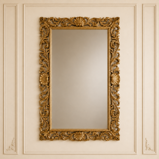 The Ornate Gold Baroque Wall Mirror, featuring an intricate scroll and leaf frame, is mounted on a beige wall with decorative moulding.