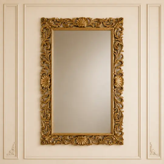 The Ornate Gold Baroque Wall Mirror, featuring an intricate scroll and leaf frame, is mounted on a beige wall with decorative moulding.