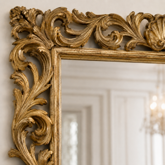 Close-up of the Ornate Gold Baroque Wall Mirror frame, featuring swirling leaf patterns. The mirror reflects a refined, cream-coloured room with decorative wall moulding and a chandelier in the background.