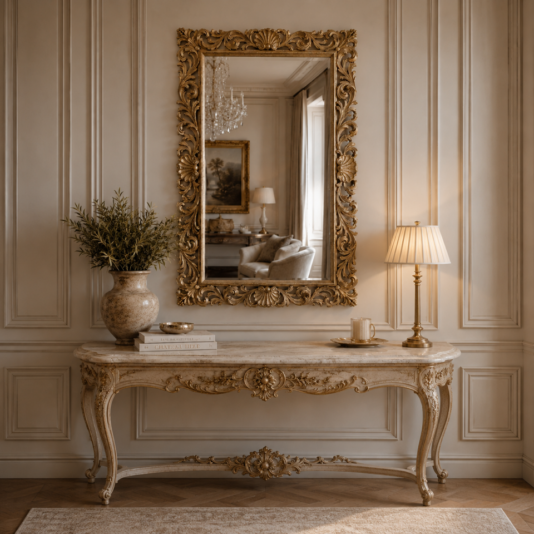 An Ornate Gold Baroque Wall Mirror is mounted above an antique console table adorned with a vase of greenery, a lamp, candles, and books in a classic room with cream panelled walls.