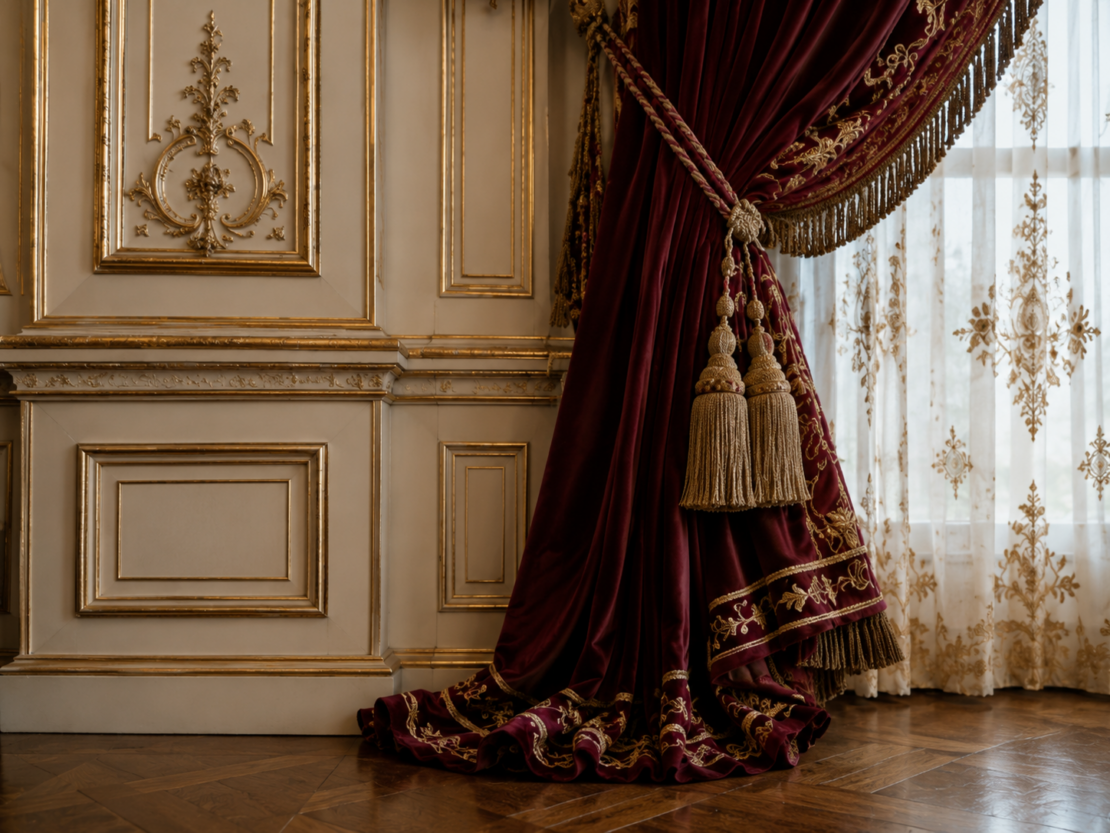 Luxurious red velvet curtain with gold embroidery and tassels is tied back beside an ornate cream wall with gold trim. Sheer lace curtains hang over a sunlit window, and a polished wooden floor is visible.