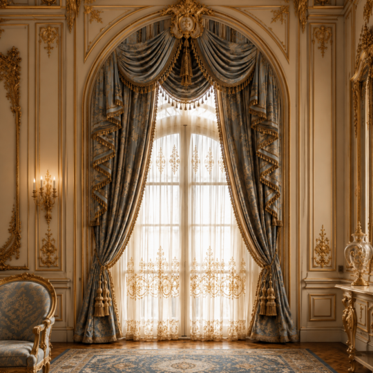 Ornate window with sheer lace curtains and grand window treatments, including elegant blue palace curtains, framed by detailed gold trim and moulding in a luxurious, classical room. A matching upholstered chair and rug enhance the sophisticated décor.