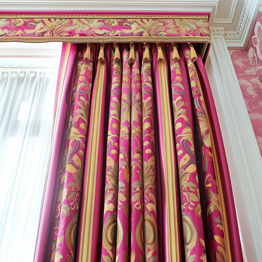 Ornate red and gold patterned curtains with a matching pelmet, hanging in an elegant room with white trim and decorative cornicing. Sunlight streams through sheer white curtains behind them.