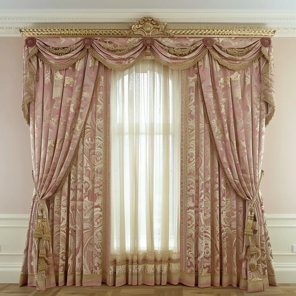 Elegant window with ornate, pink and gold patterned curtains, topped with a decorative pelmet and gold trim. Sheer white nets are visible behind the curtains, allowing light to gently filter through.