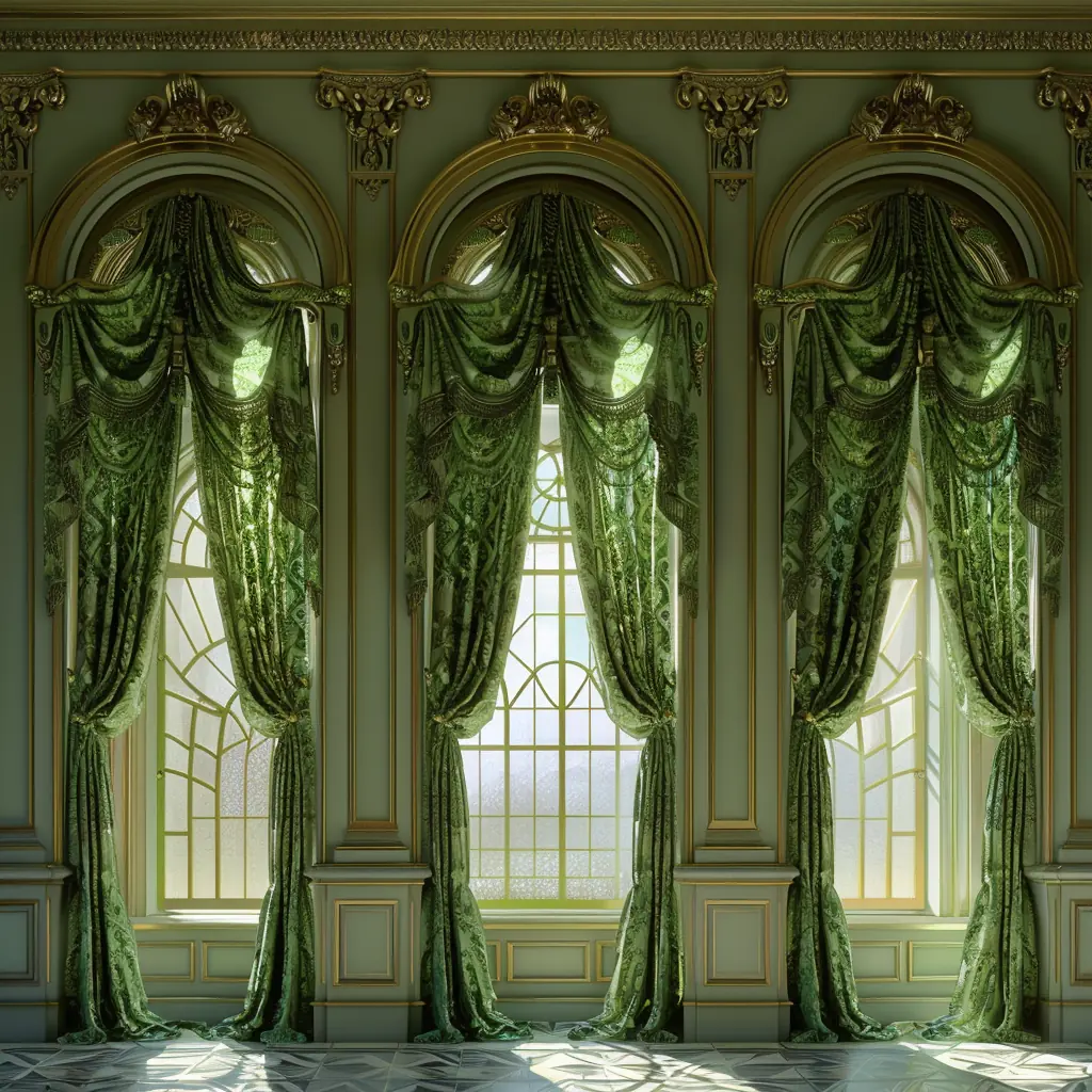 Three tall arched windows with ornate gold trim are draped with luxurious palace curtains, featuring grand window treatments with elaborate swags and tassels. Sunlight streams through the glass, illuminating the elegant, classic interior.