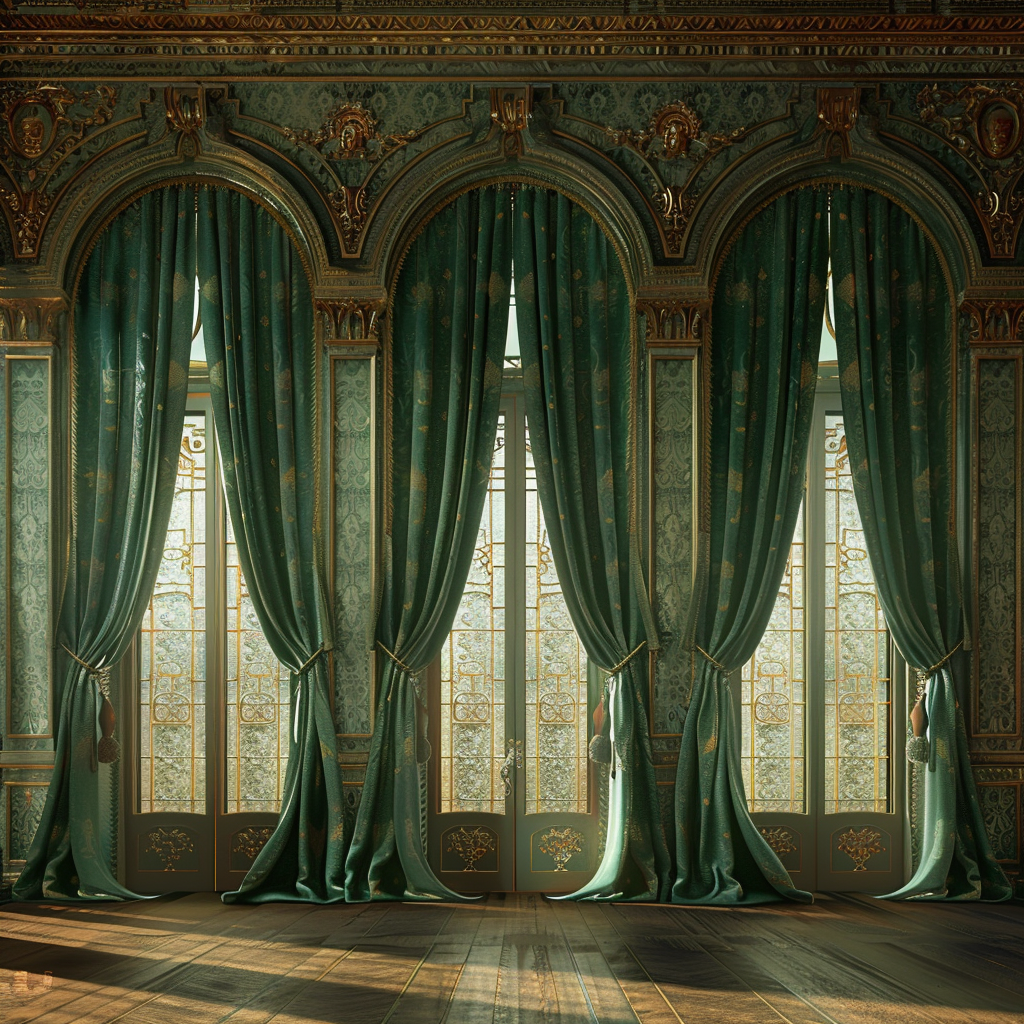 Lavish green palace curtains with gold accents hang from three tall arched windows in an ornate, vintage room with intricate wall and ceiling designs, letting soft sunlight stream onto a polished wooden floor.