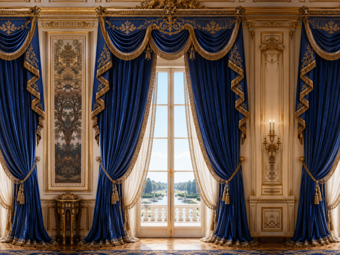 Elegant room with ornate gold-trimmed walls and large blue velvet curtains framing tall French windows, revealing a balcony and scenic outdoor view; classical decor and candle wall sconces add to the luxurious atmosphere.