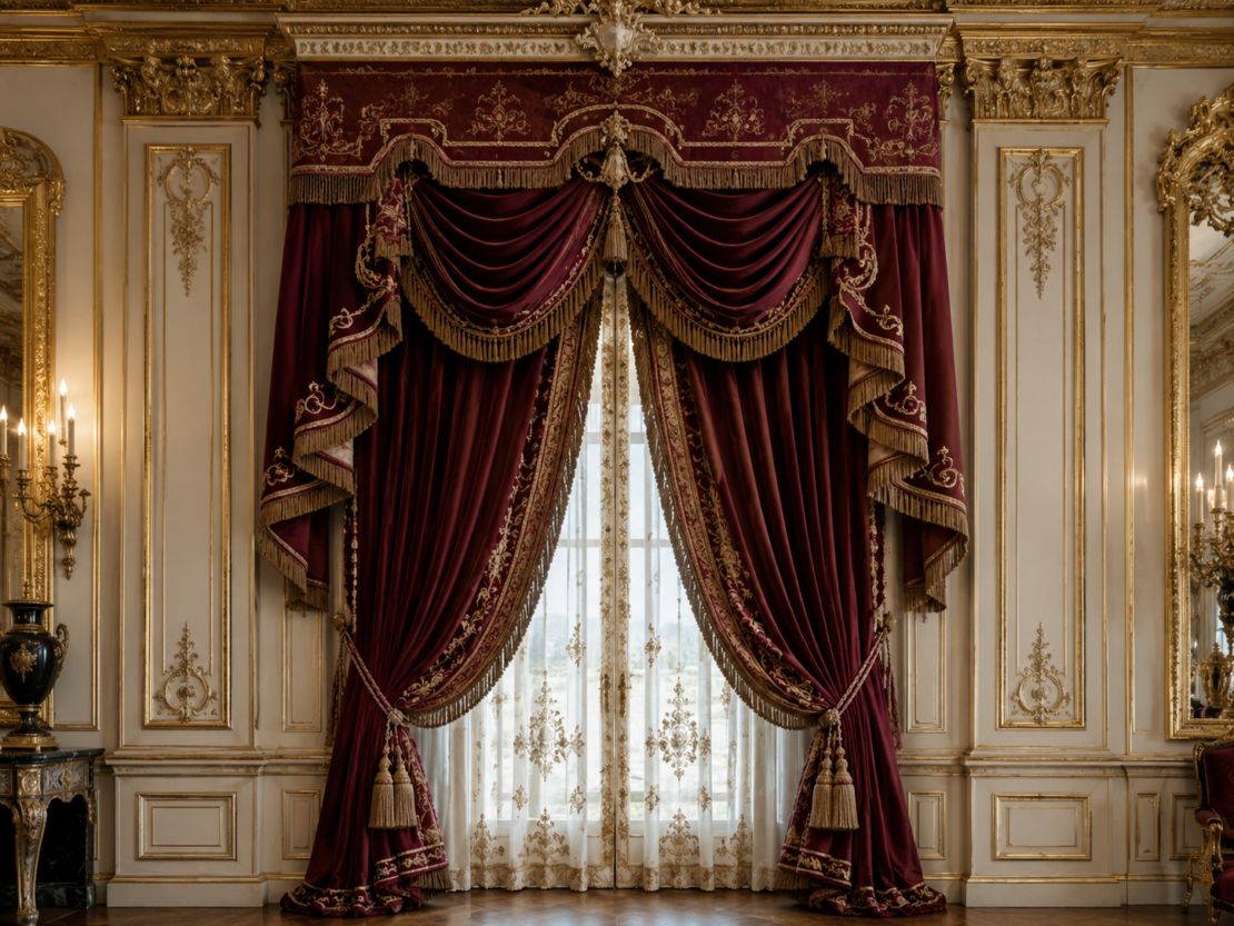 Ornate, deep red velvet curtains with gold tassels and trim frame tall windows with sheer embroidered drapes in an opulent, gold-accented room with classical wall panelling and decorative mouldings.