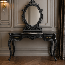 Finished bespoke black dressing table and ornate mirror made from an AI-generated furniture image