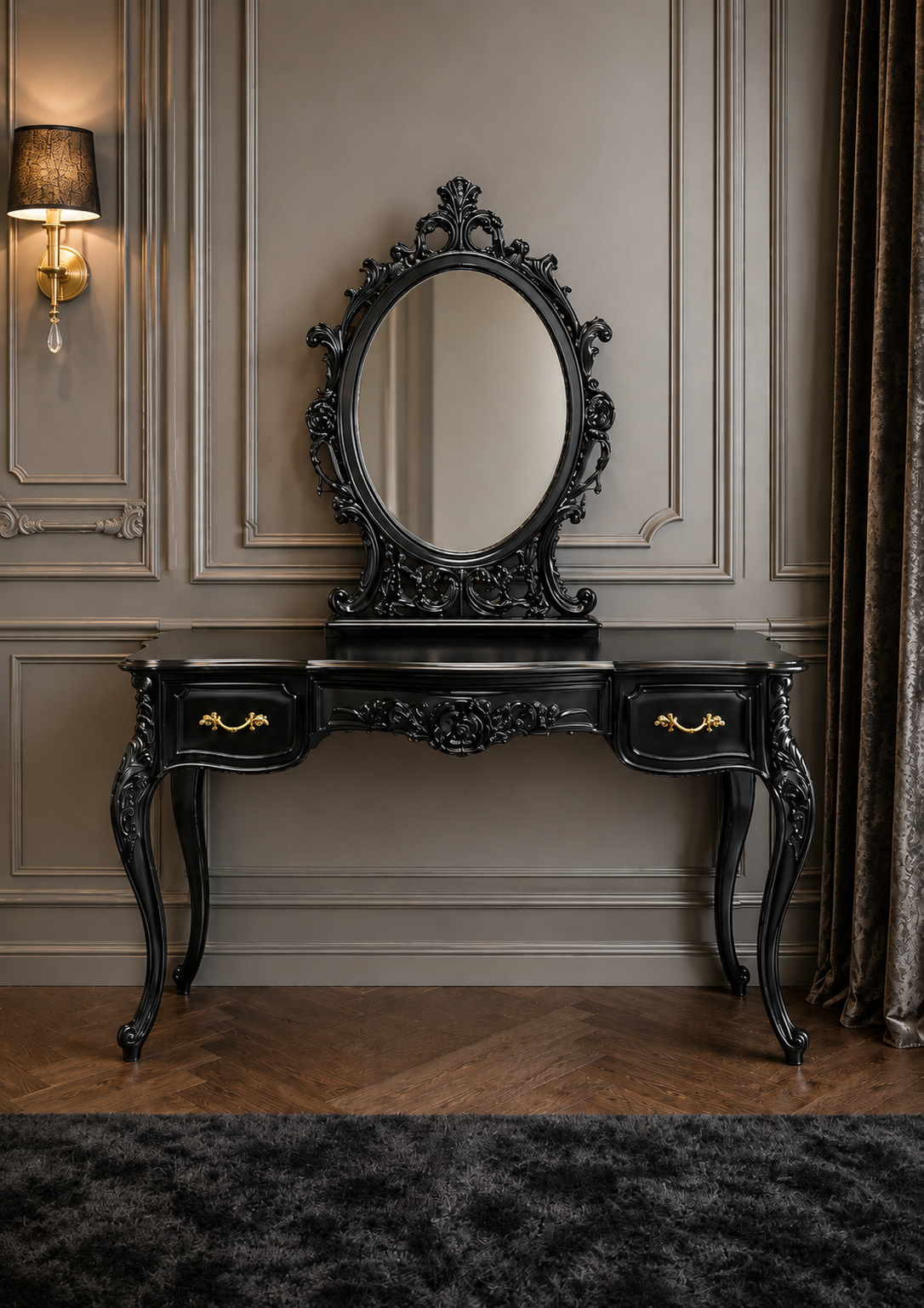 Finished bespoke black dressing table and ornate mirror made from an AI-generated furniture image