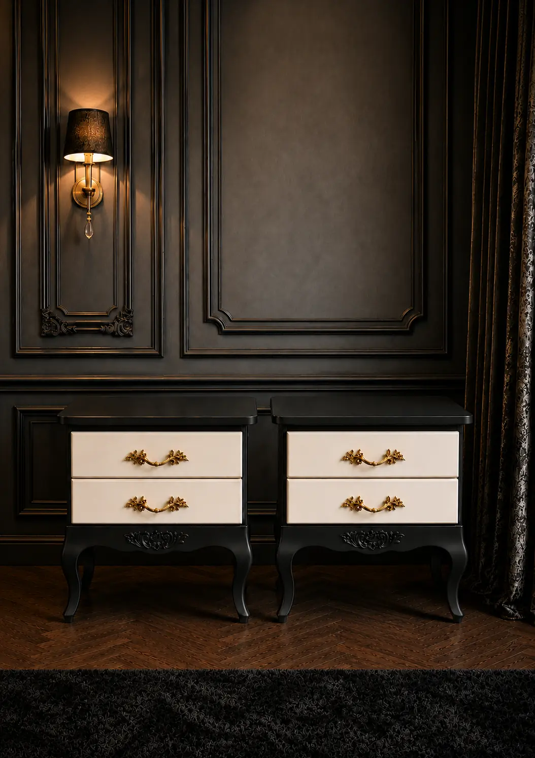 Two elegant black and white bedside tables with gold handles stand side by side against a dark, ornate wall, beneath a lit black wall sconce. Heavy curtains and a black rug complete the luxurious setting.