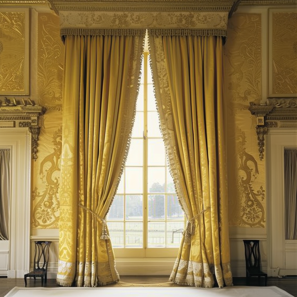 Large golden curtains with ornate patterns frame a tall window in an elegant, classical room. The walls are decorated with intricate gold designs, and two small dark tables stand on either side of the window.
