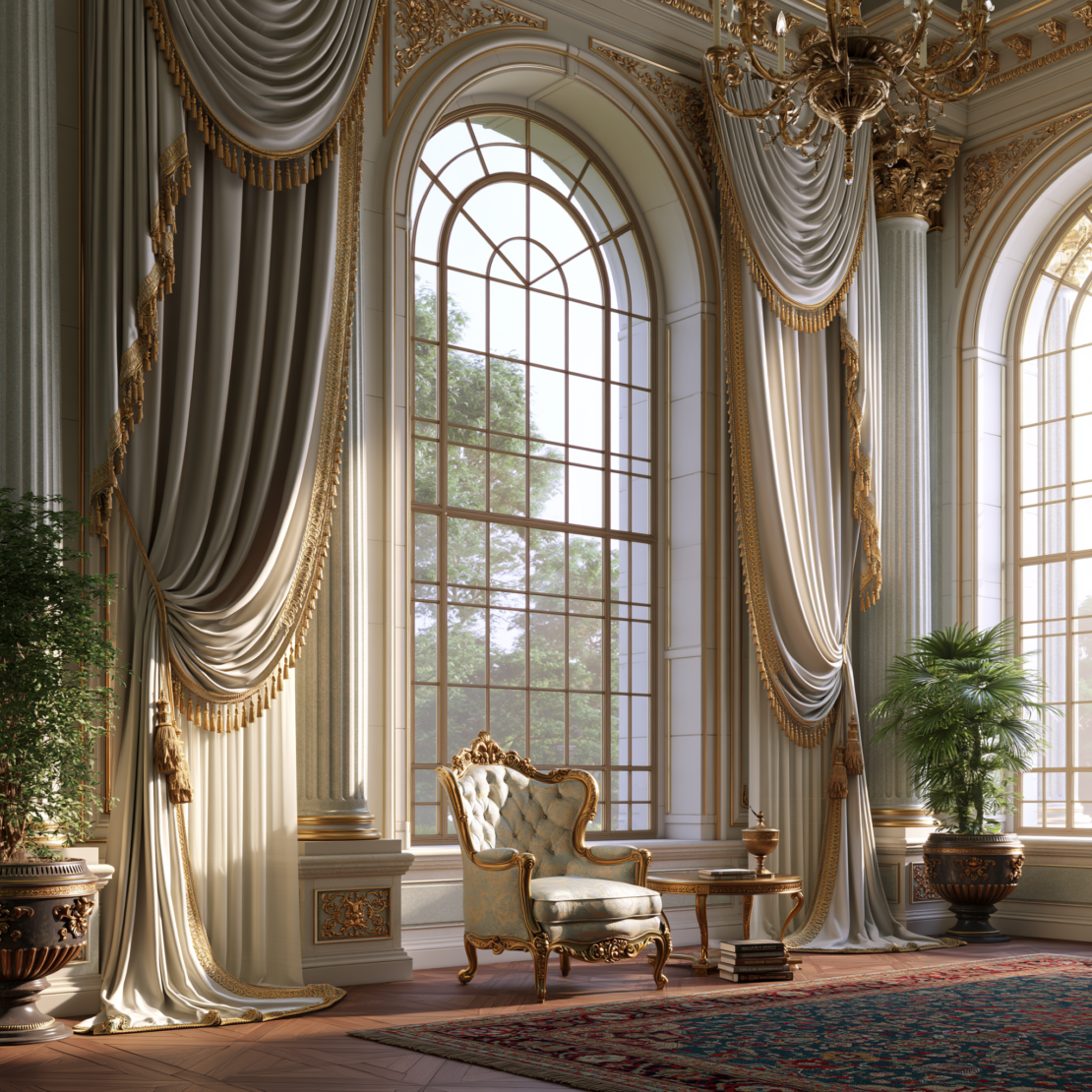 A luxurious room with tall arched windows, elegant gold-trimmed curtains, an ornate armchair, small table, potted plants, and a patterned carpet, bathed in natural sunlight.