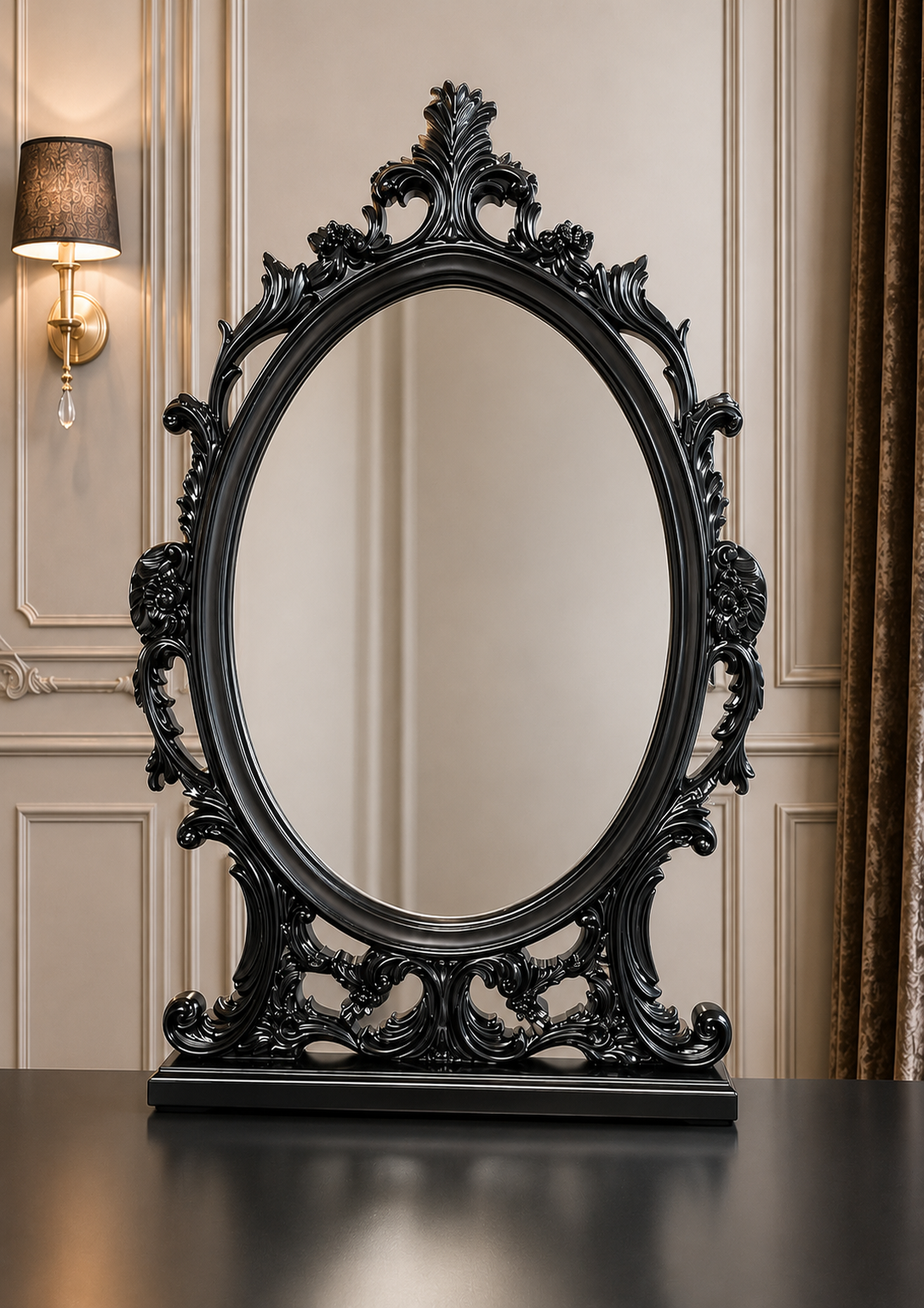An ornate, vintage-style oval mirror with an intricate black frame sits on a dark table against an elegant, cream-panelled wall. A lit wall sconce and heavy curtains are visible in the background.