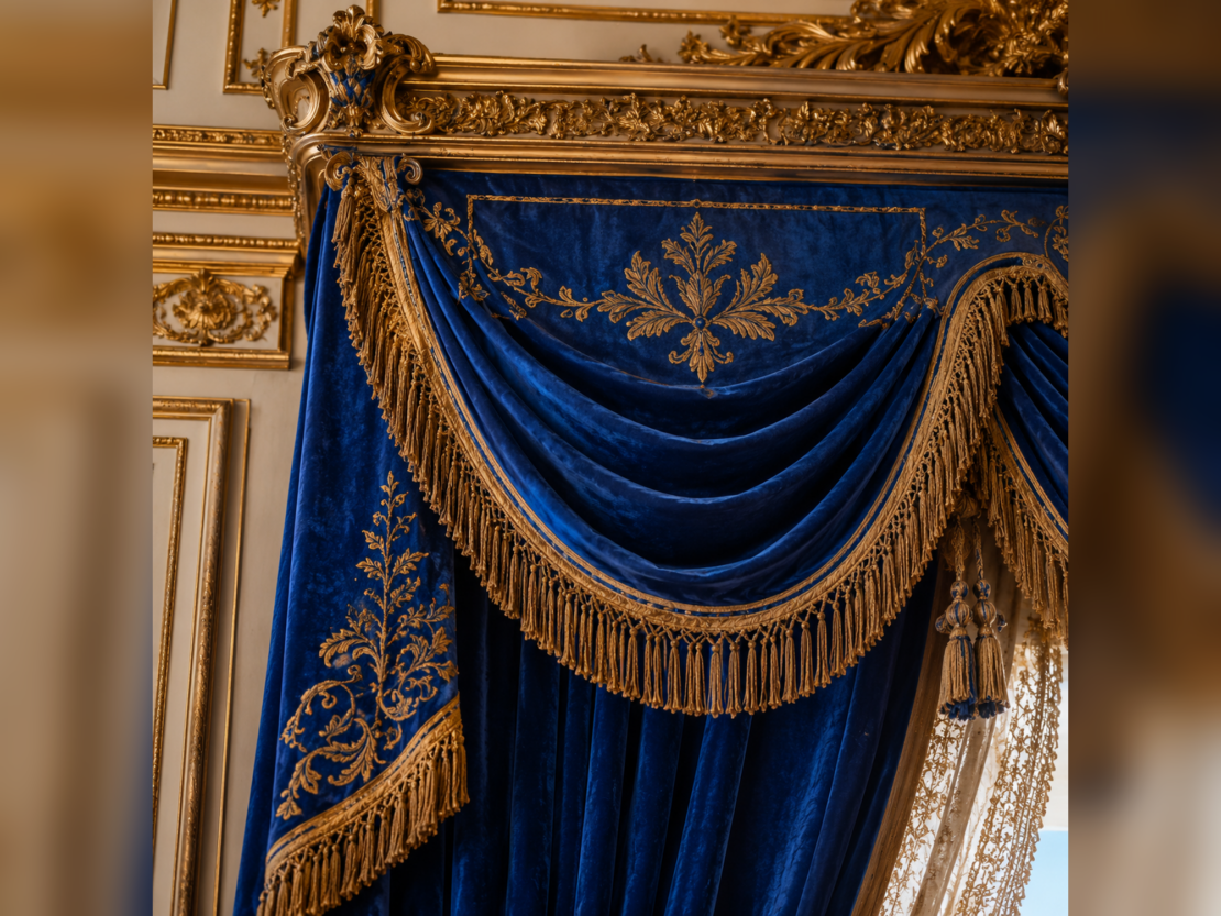 Luxurious royal blue velvet curtains with gold embroidery, fringe, and tassels hang in an ornate, gilded room, featuring intricate golden mouldings and decorative details.