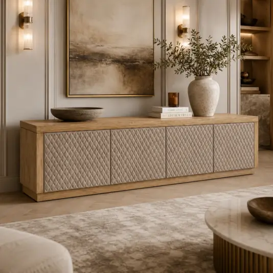 A modern living room featuring the Designer Oak Veneered Quilted Leather Sideboard, accented with a large vase of greenery, stacked books, a decorative bowl, soft lighting, and abstract artwork on the wall. Light neutral tones define the overall décor.