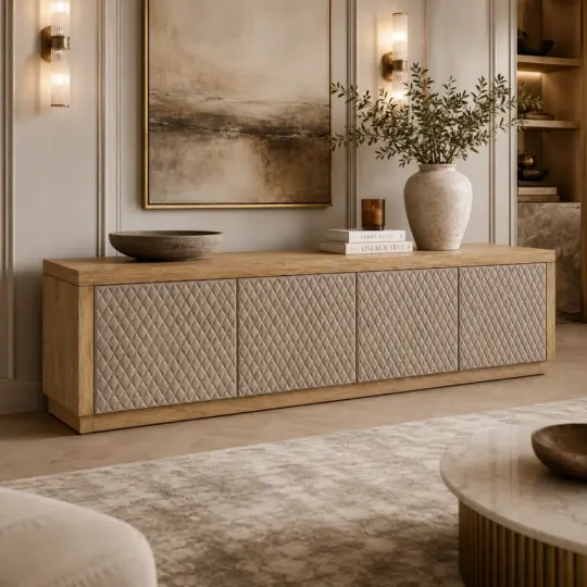 A modern living room featuring the Designer Oak Veneered Quilted Leather Sideboard, accented with a large vase of greenery, stacked books, a decorative bowl, soft lighting, and abstract artwork on the wall. Light neutral tones define the overall décor.