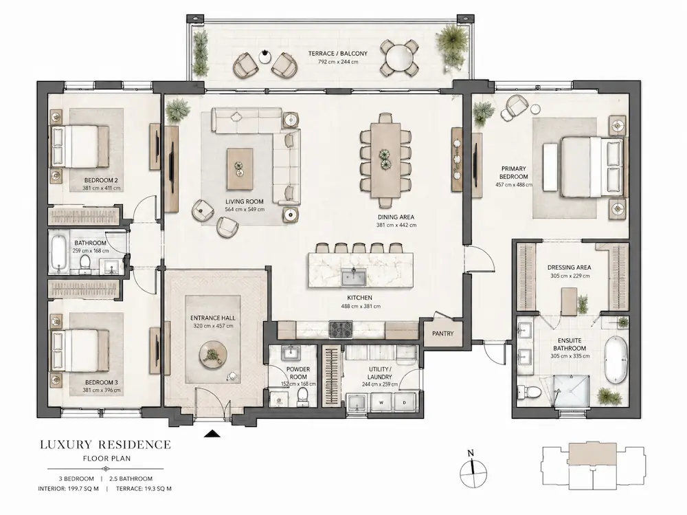 Luxury interior design floor plan visualisation for a London apartment living room