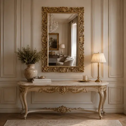 Elegant entrance hall with ornate gold mirror, table with carved legs, vase of greenery, stacked books, candle, and lamp. Classical decor reflected in soft beige tones.